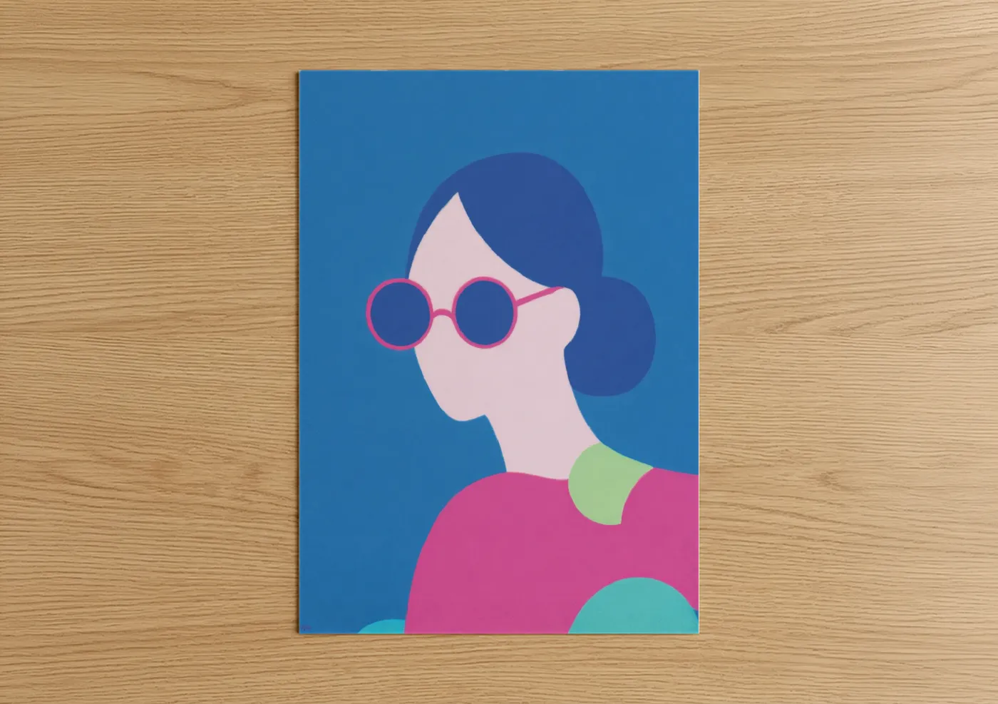 Fashion illustration art print on warm oak wood — blue and magenta palette — Colorful Fashion Portrait poster