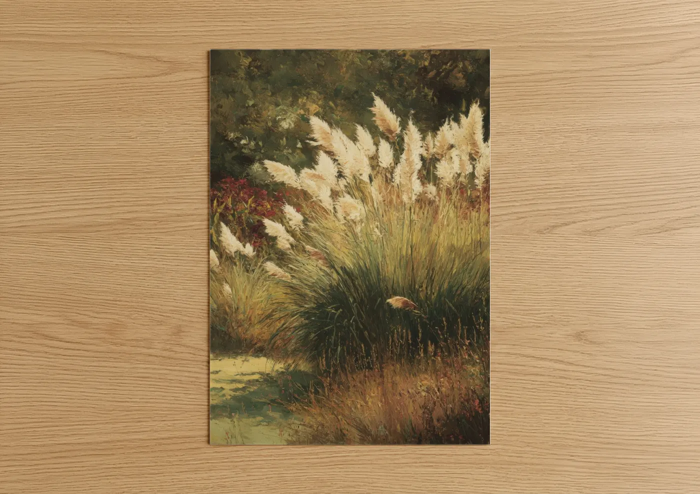 Grass art print on warm oak wood — dark green and russet palette — Feathery Marsh Garden poster