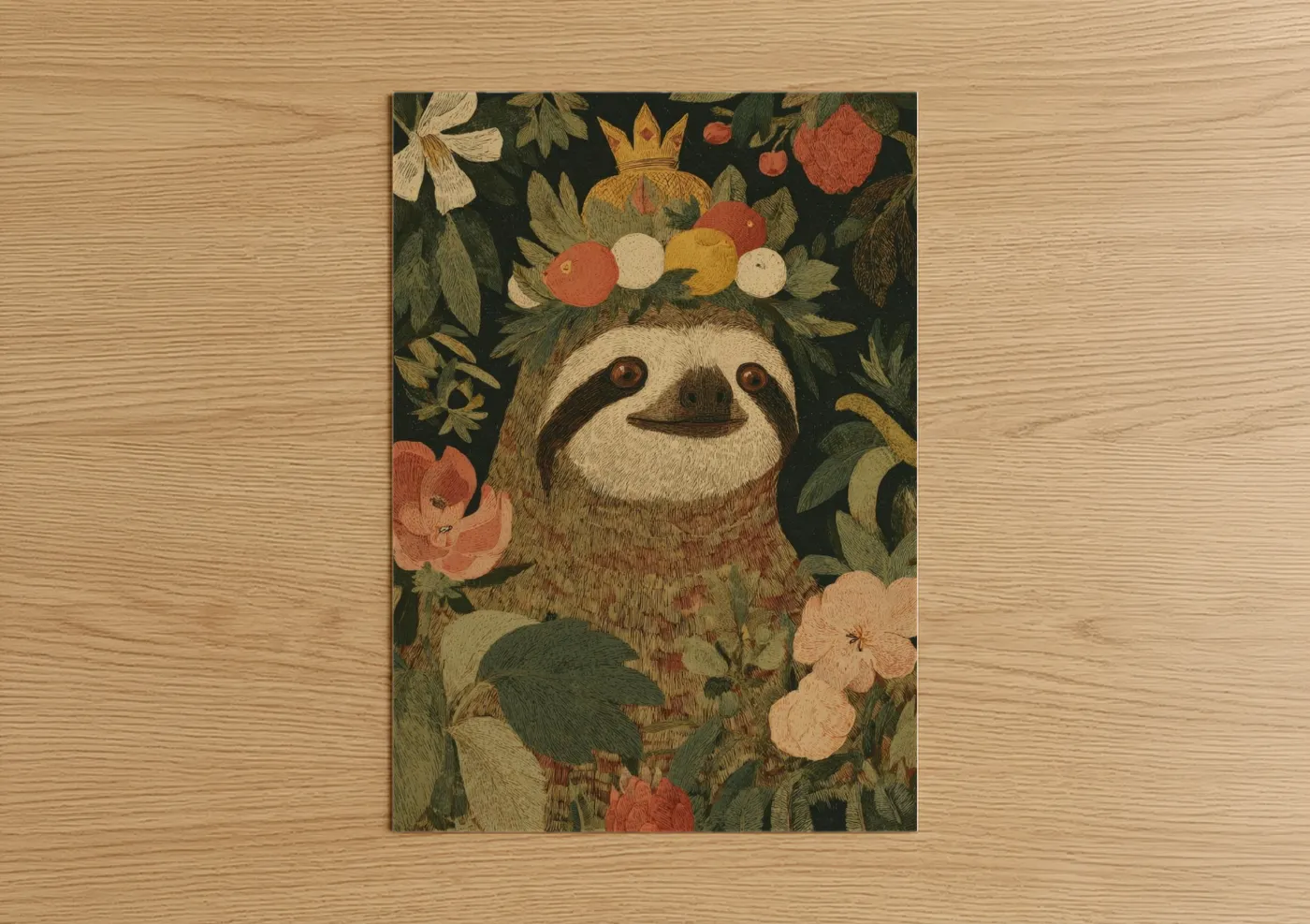 Art print on warm oak wood — dark green and peach palette — Whimsical Sloth poster