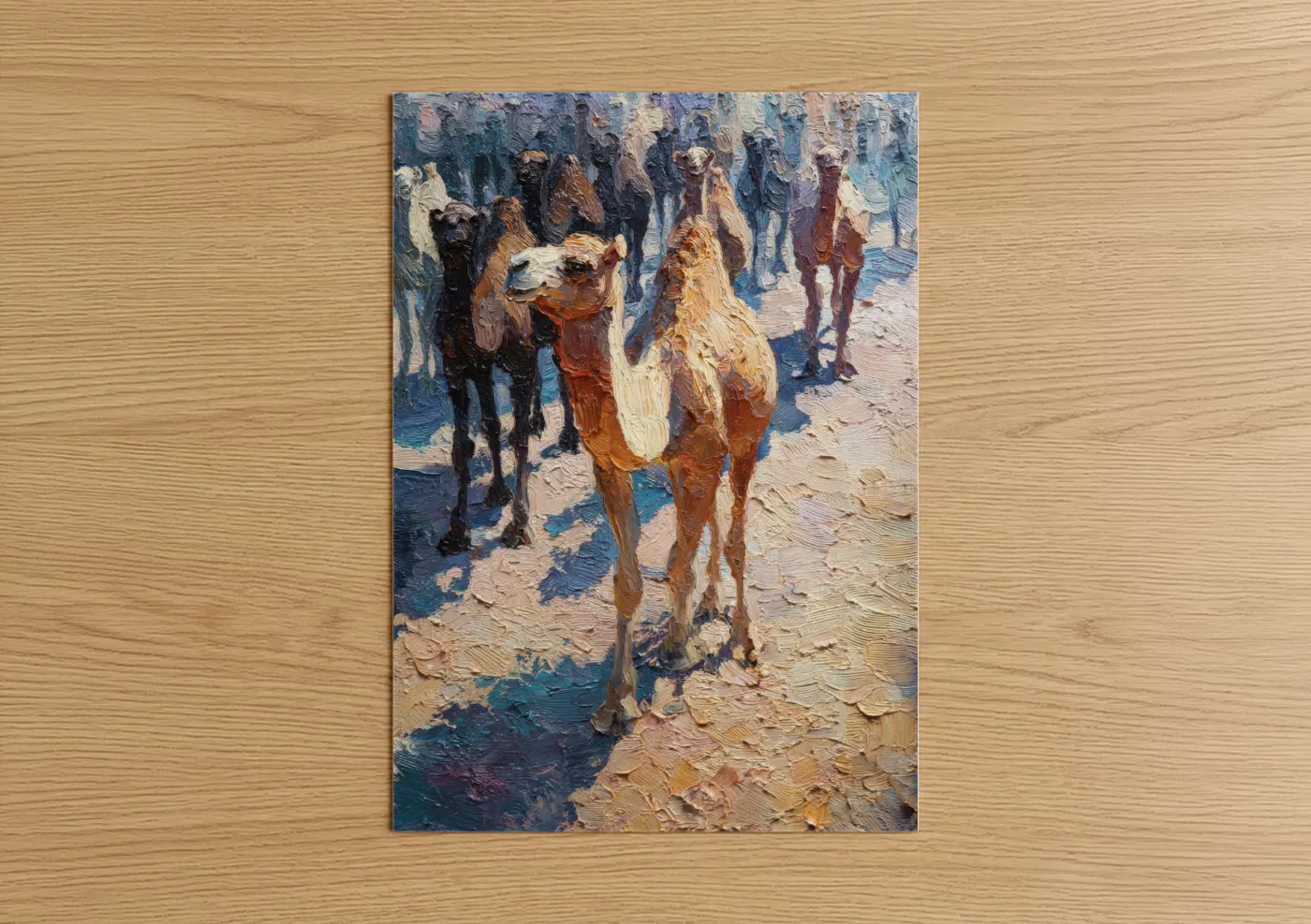Camel art print on warm oak wood — gold and blue palette — Desert Caravan poster