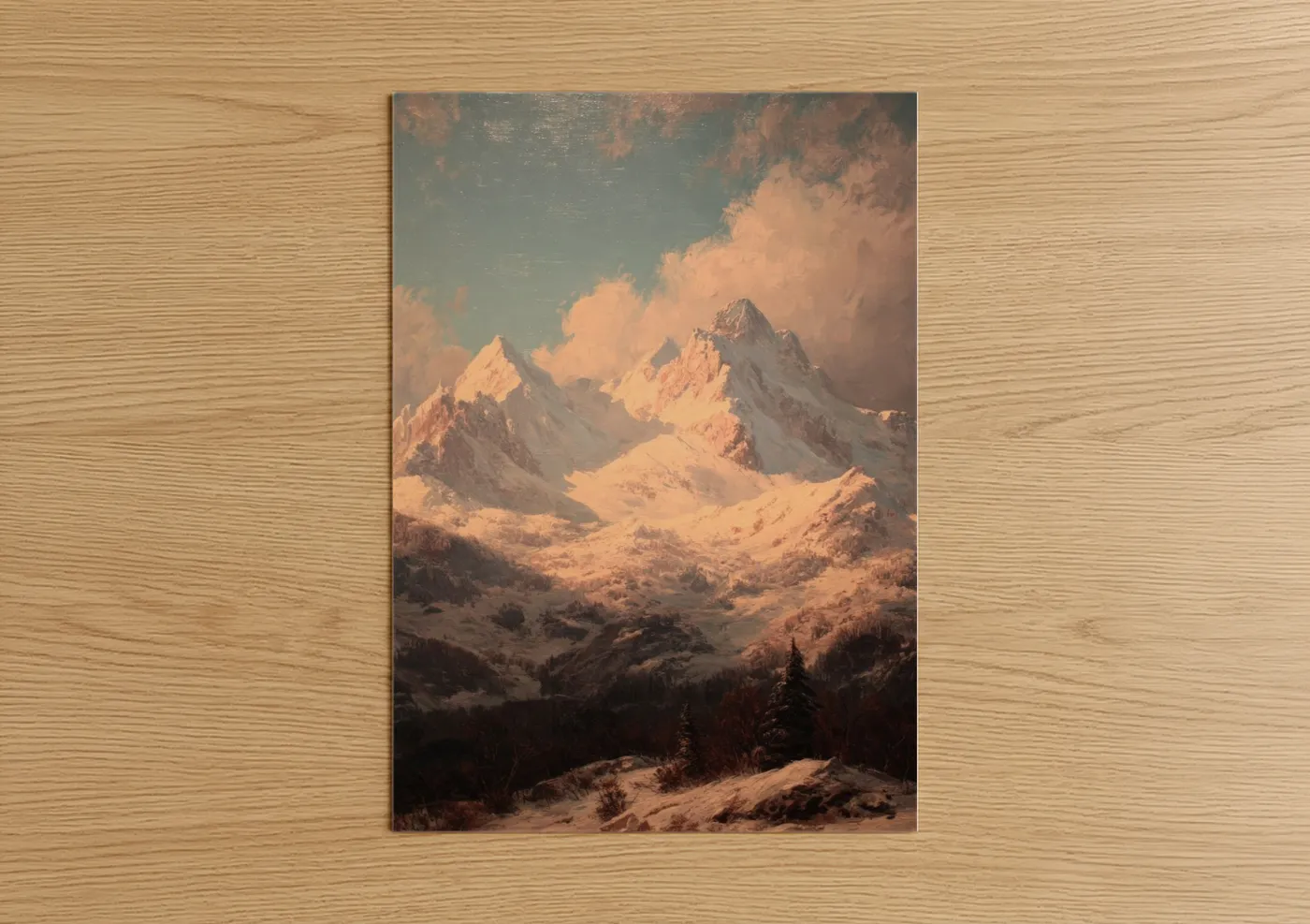 Snowy mountains art print on warm oak wood — peach and sage green palette — Golden Peak Sunrise poster