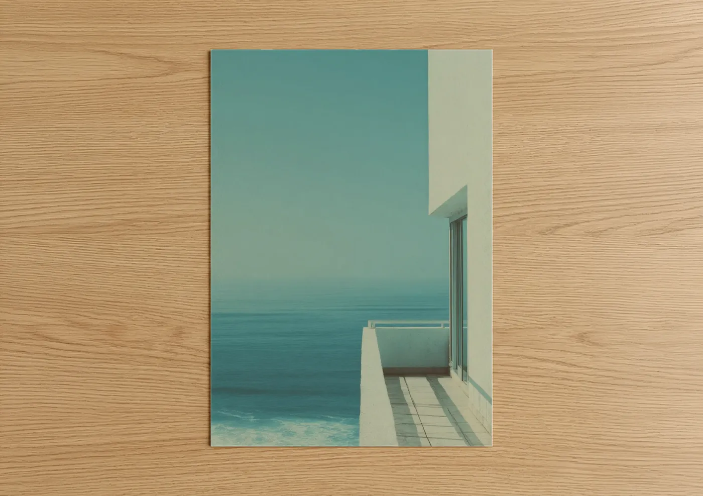 Beach town art print on warm oak wood — teal and cream palette — Coastal Modernism poster
