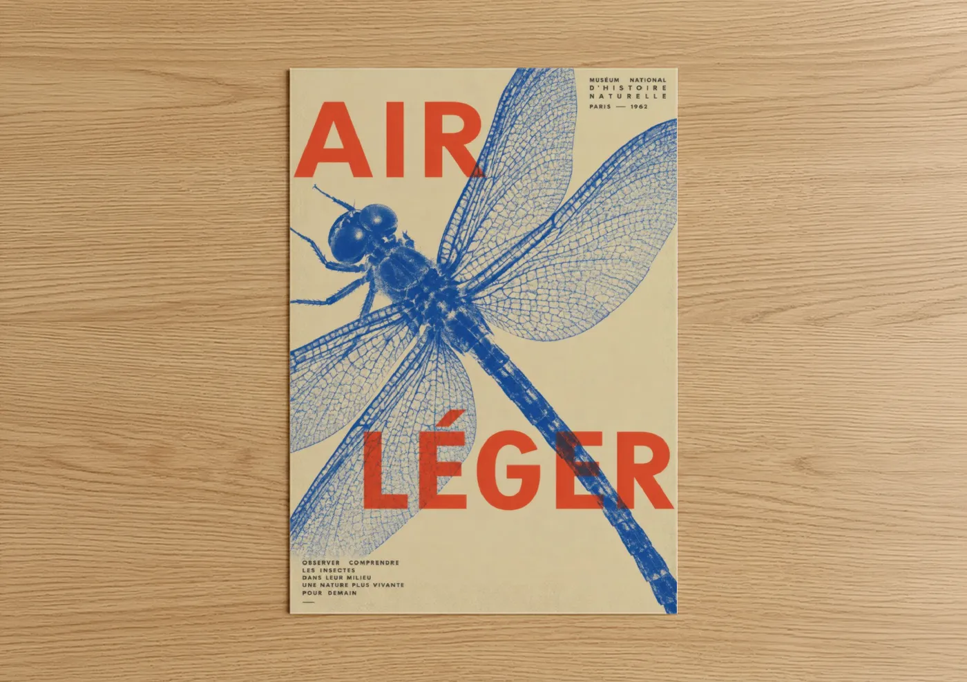 Art print on warm oak wood — blue and beige palette — Vintage Dragonfly Museum Poster Wall Art poster
