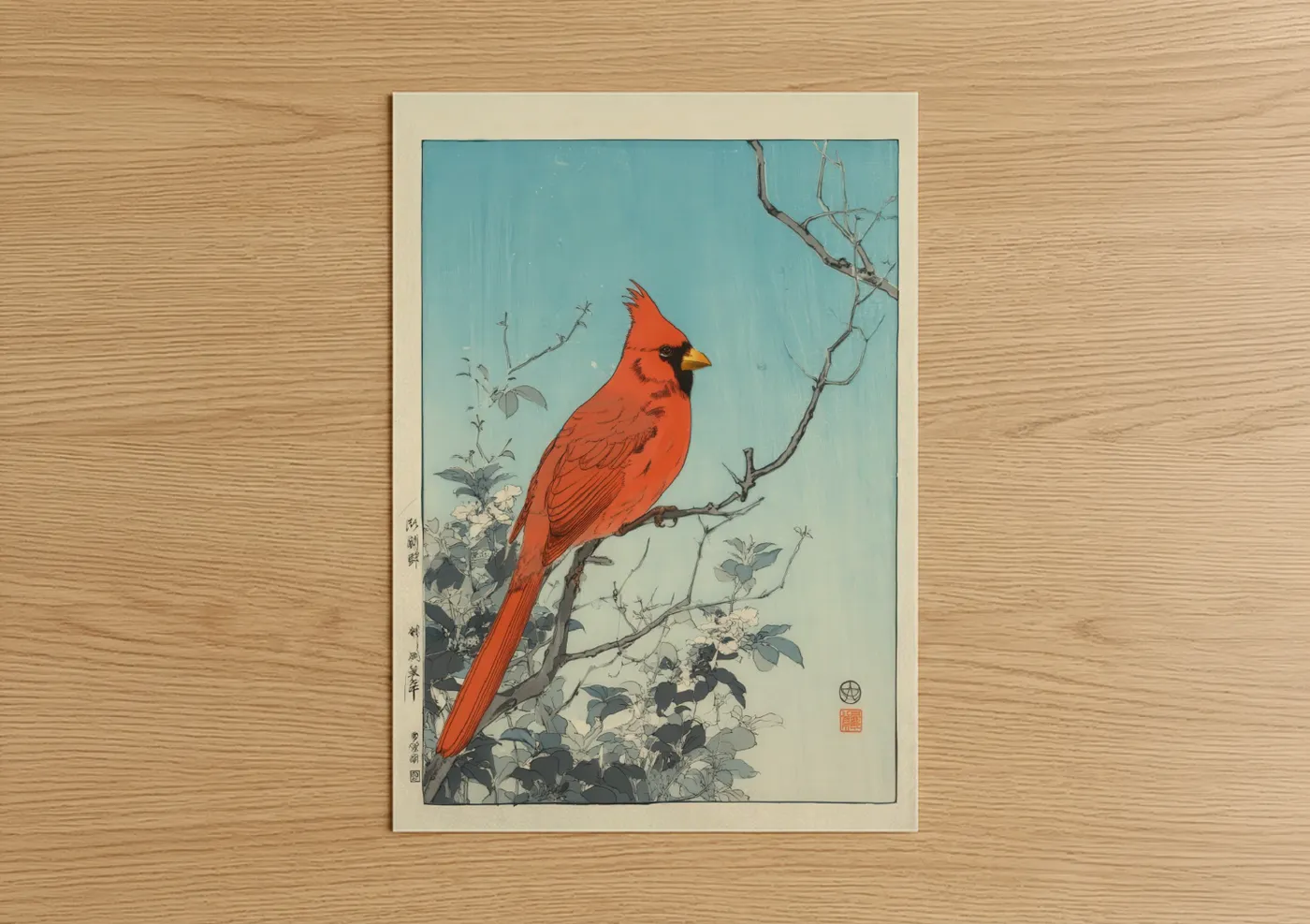 Scarlet Cardinal on Branch Japanese Wall Art