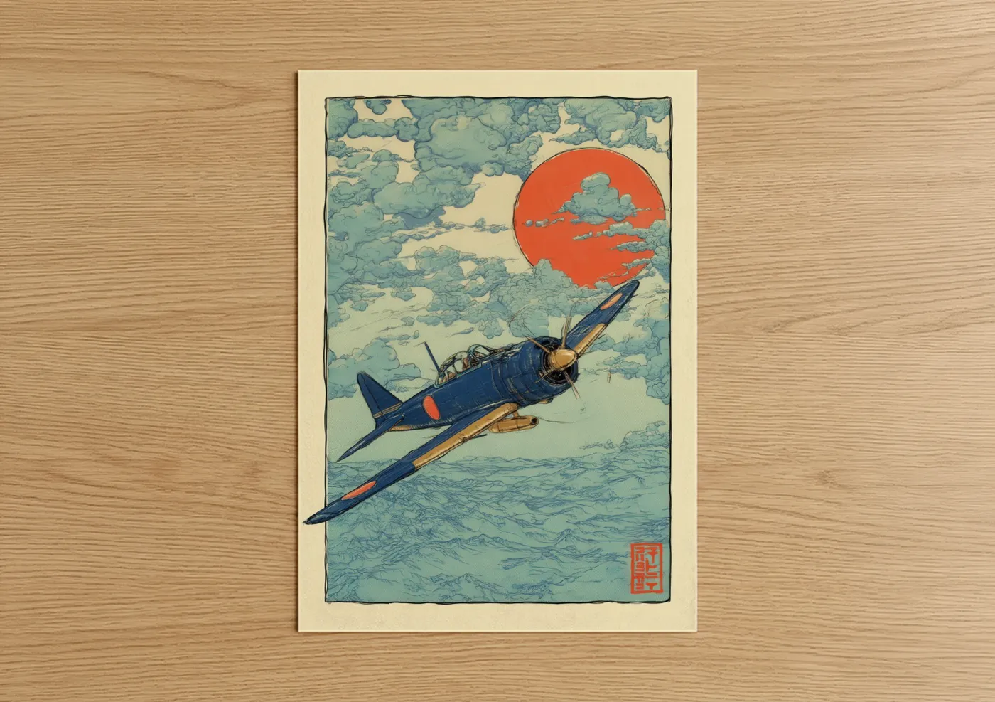 Vintage Airplane Red Sun Japanese Wall Art