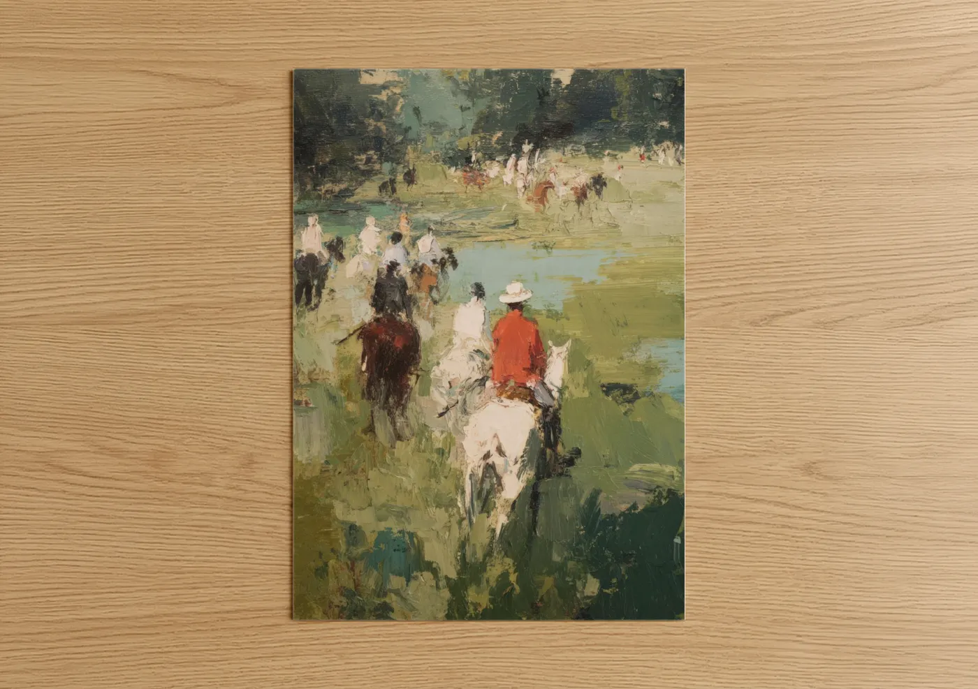 Horseback art print on warm oak wood — green and cream palette — Riverside Riders poster