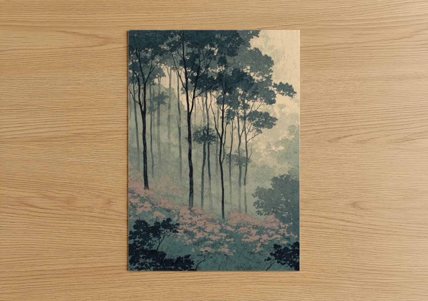 Art print on warm oak wood — blue and salmon pink palette — Misty Maple Forest poster