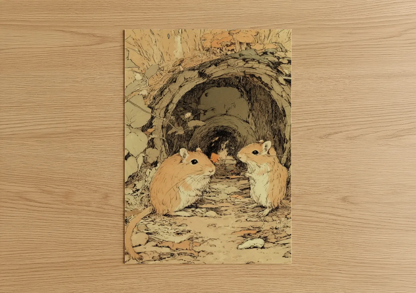 Curious Gerbils Pen and Ink Drawing Wall Art