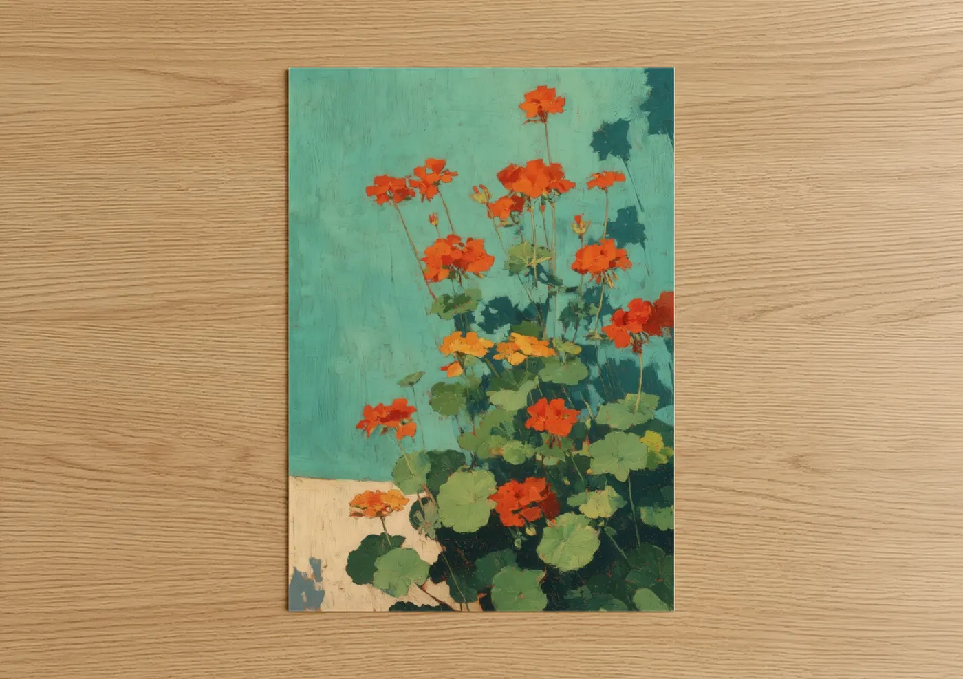 Art print on warm oak wood — orange and turquoise palette — Vibrant Geranium Garden poster