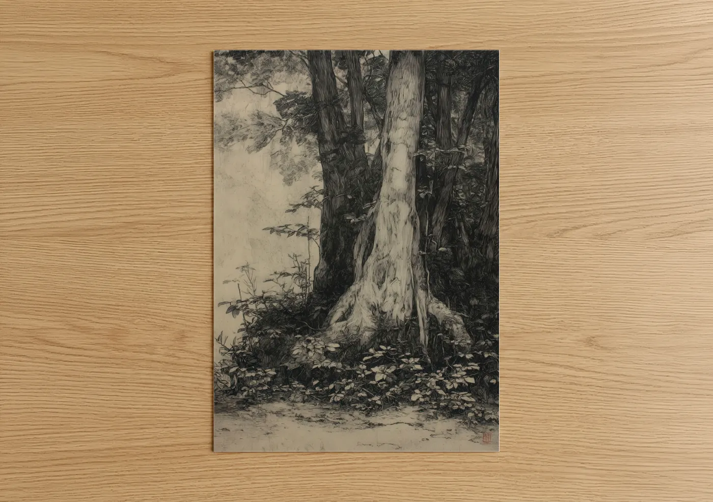 Banyan tree art print on warm oak wood — black and white palette — Ancient Banyan poster