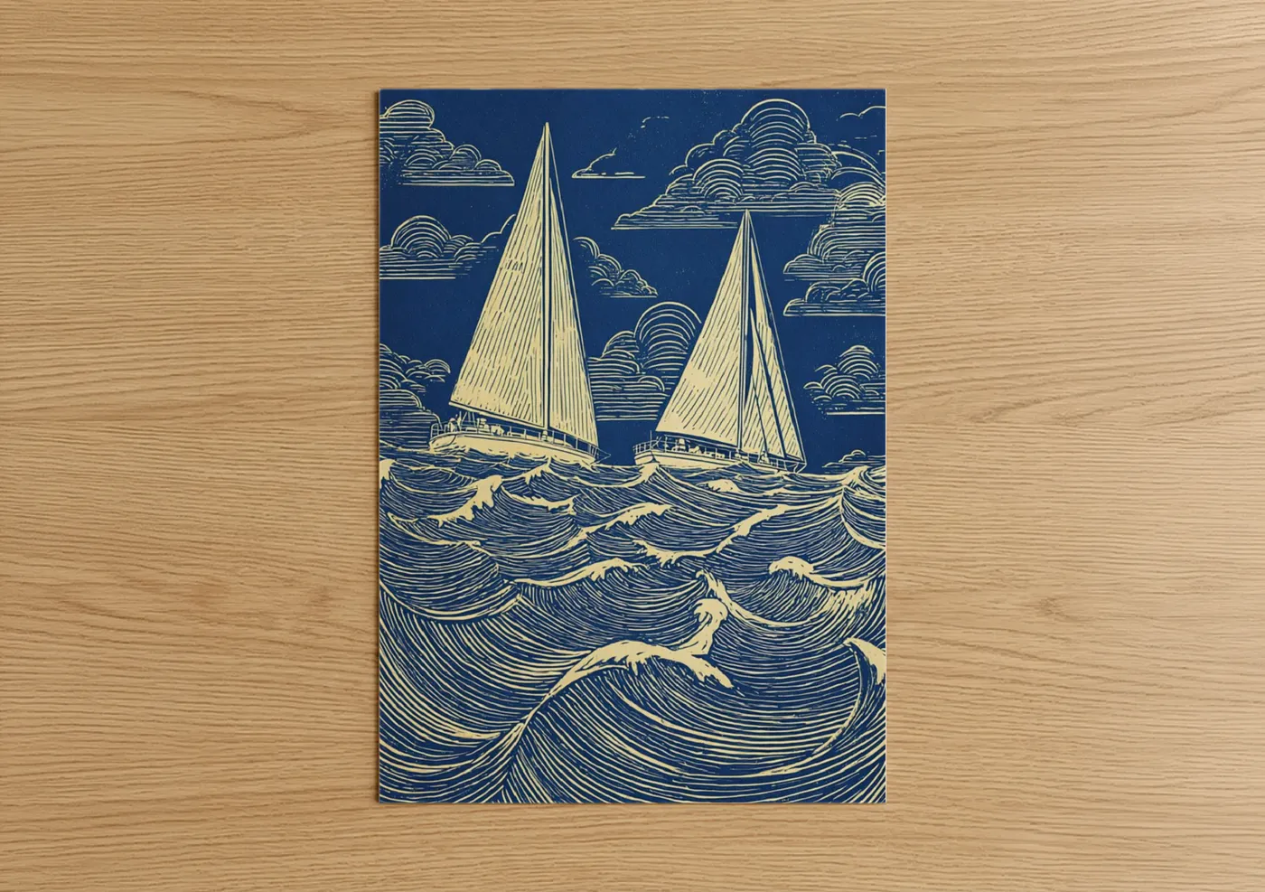 Sailing ship art print on warm oak wood — blue and cream palette — Vintage Sailing Vessels poster