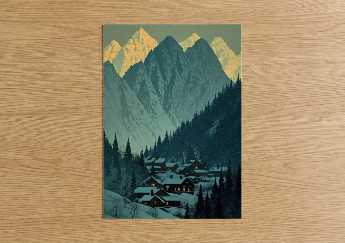 Mountain Village Winter Landscape Wall Art
