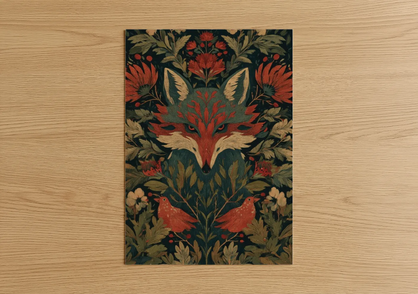 Art print on warm oak wood — gold and red palette — Ornate Forest Fox poster