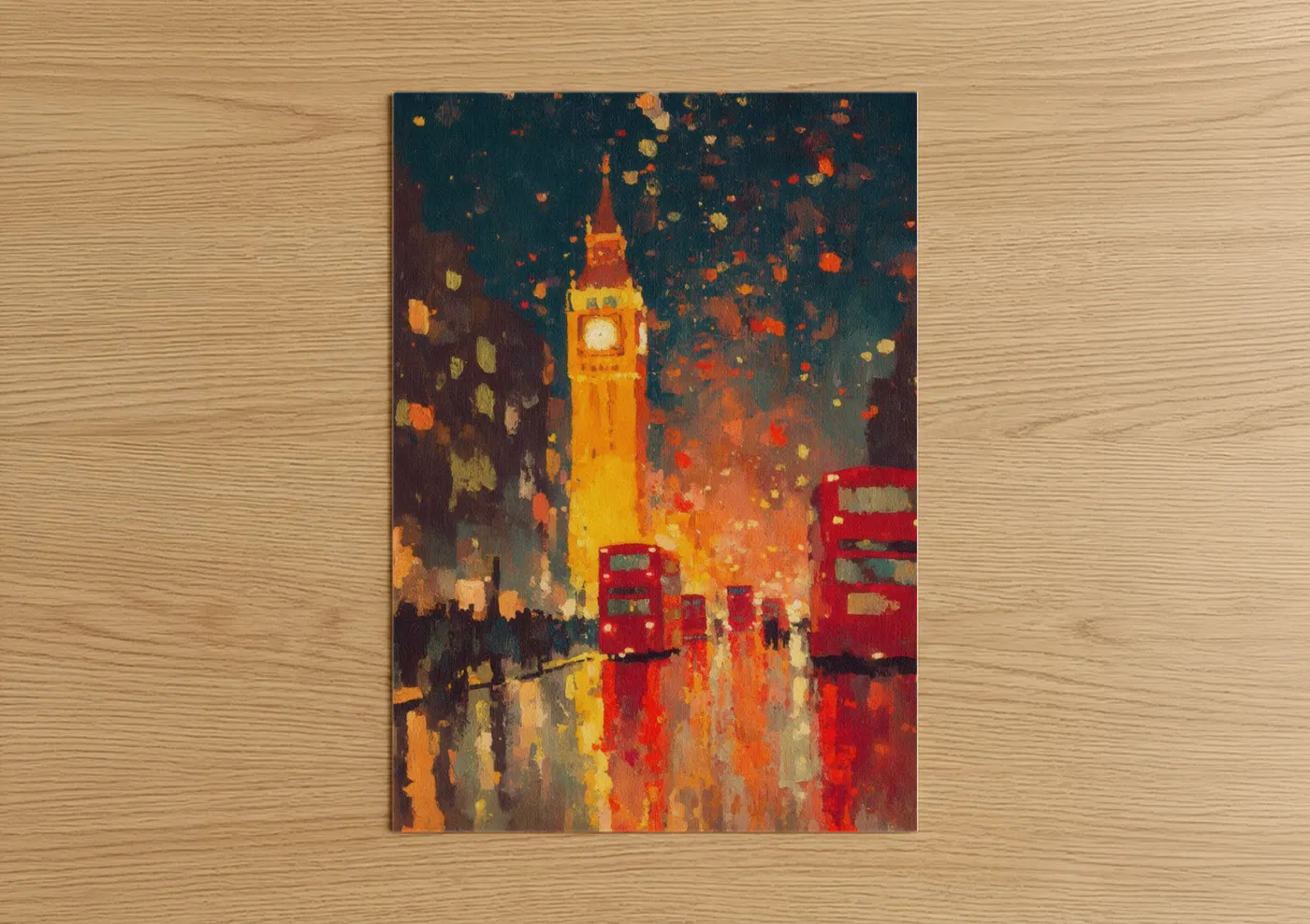 New years eve art print on warm oak wood — gold and orange palette — Big Ben Celebration poster