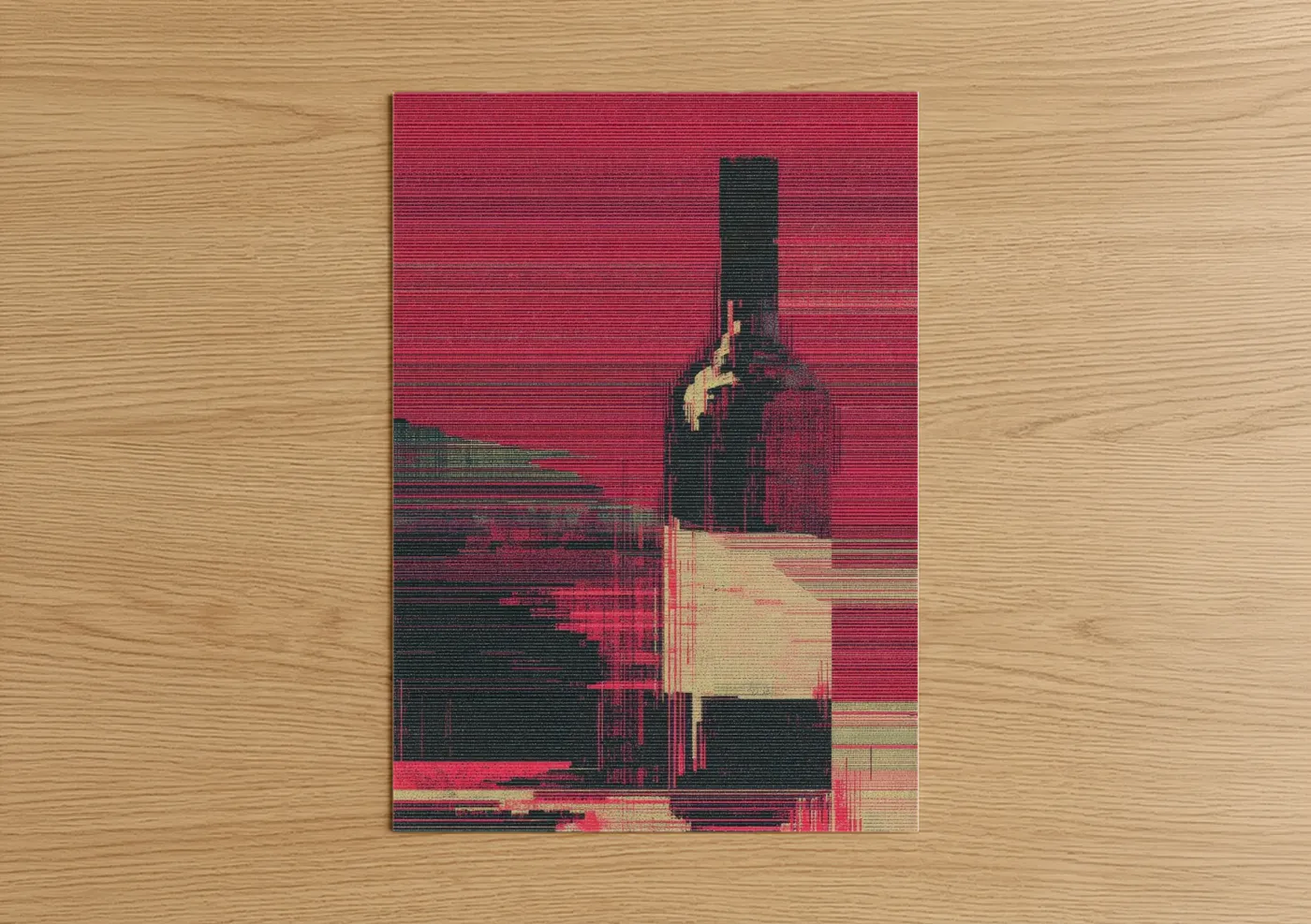 Red wine art print on warm oak wood — maroon and magenta palette — Crimson Wine Bottle poster
