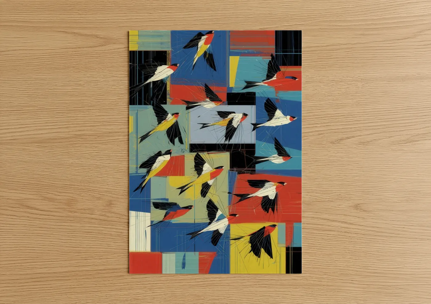 Geometric Finches Abstract Colorful Birds Wall Art