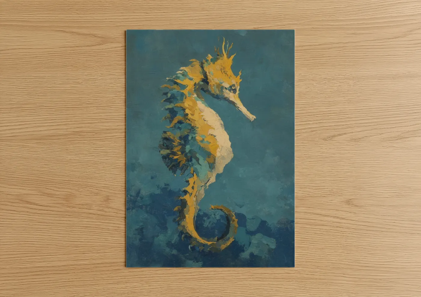 Sea horse art print on warm oak wood — gold and teal palette — Golden Seahorse poster