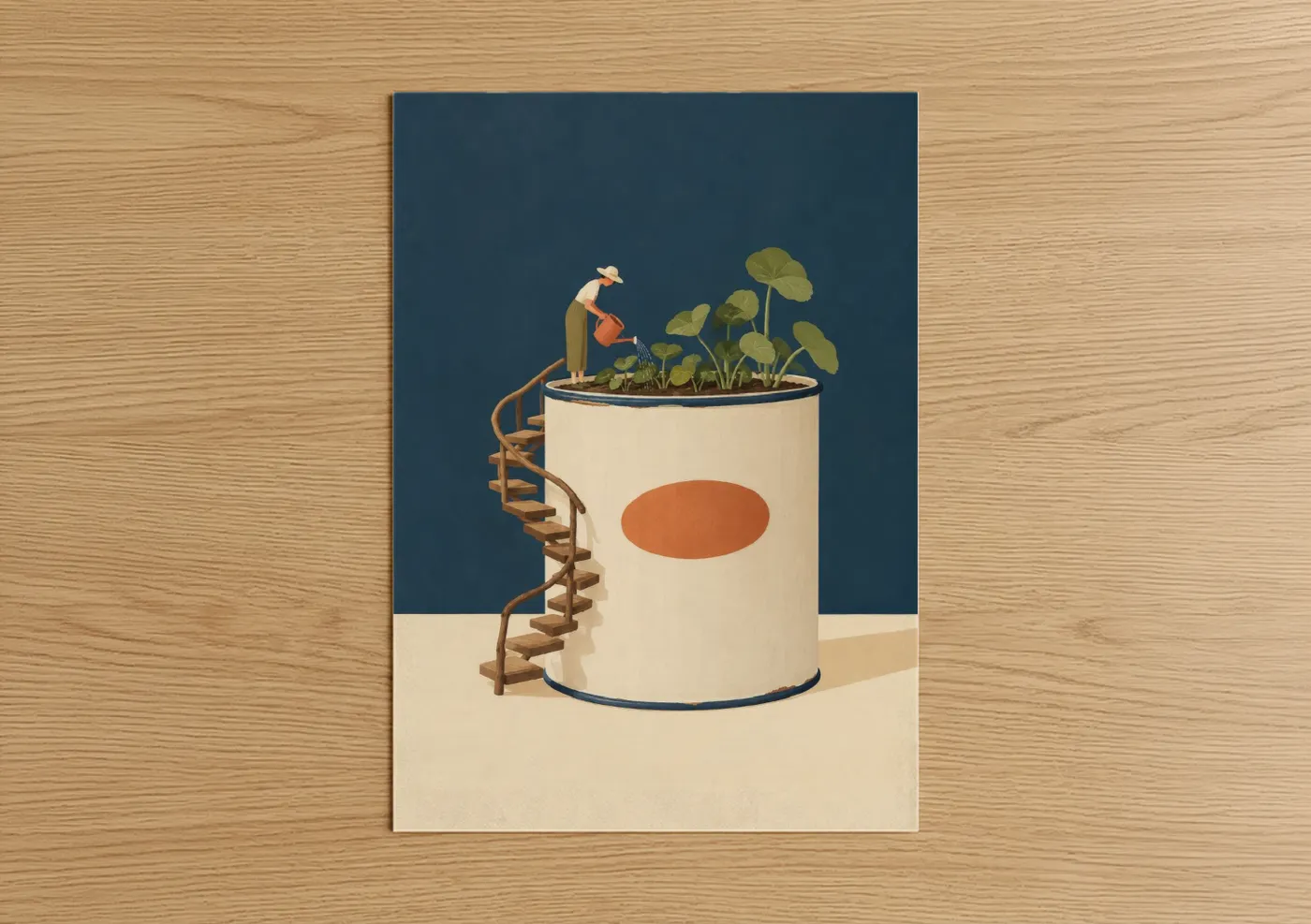 Art print on warm oak wood — cream and dark blue palette — Surreal Gardener with Plants Wall Art poster