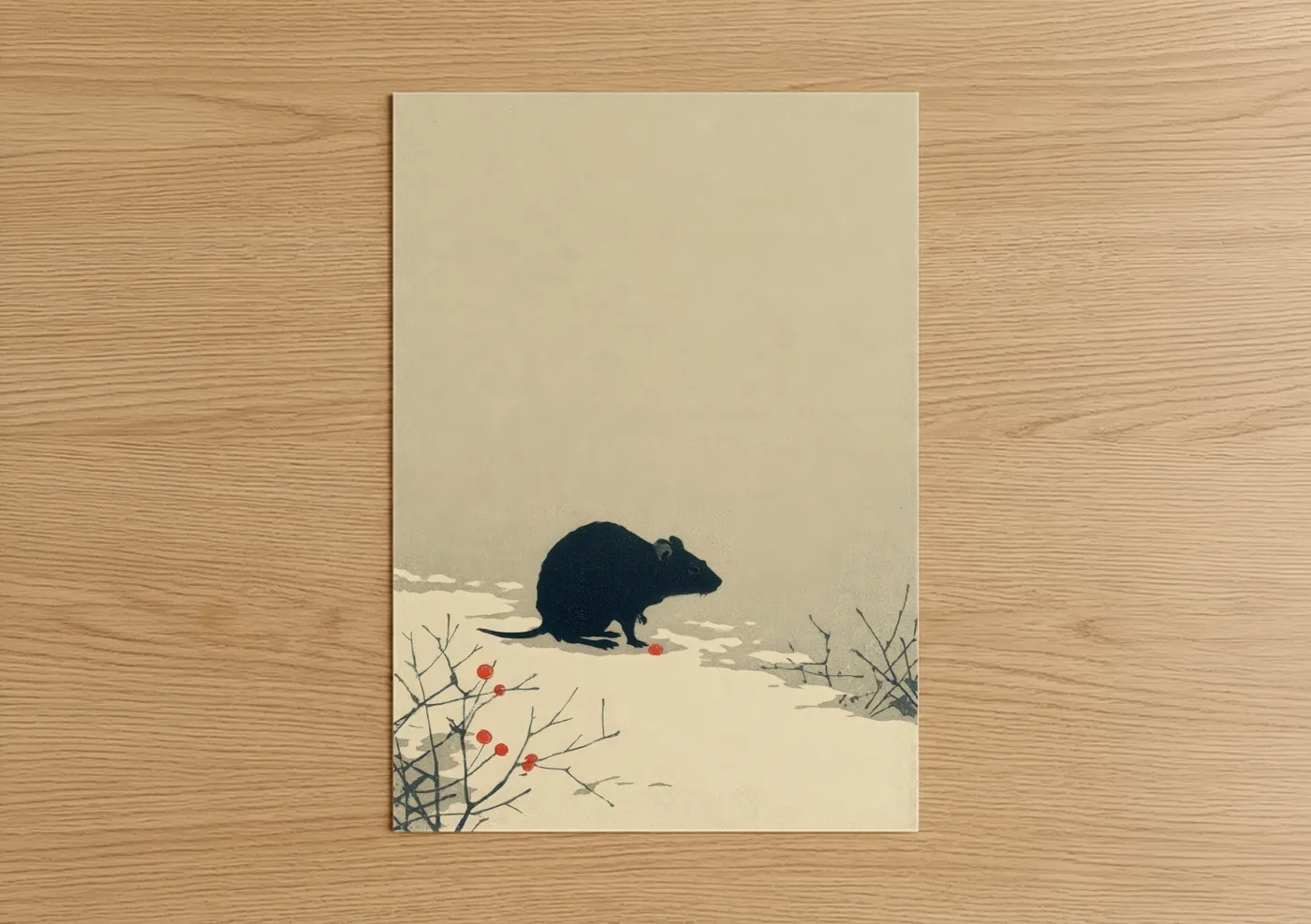 Mice art print on warm oak wood — cream and black and white palette — Winter Mouse poster