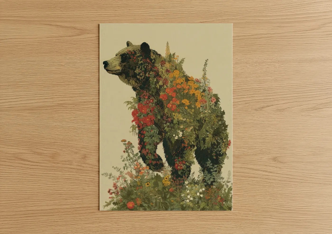 Floral Grizzly Bear Nature Art Wall Art