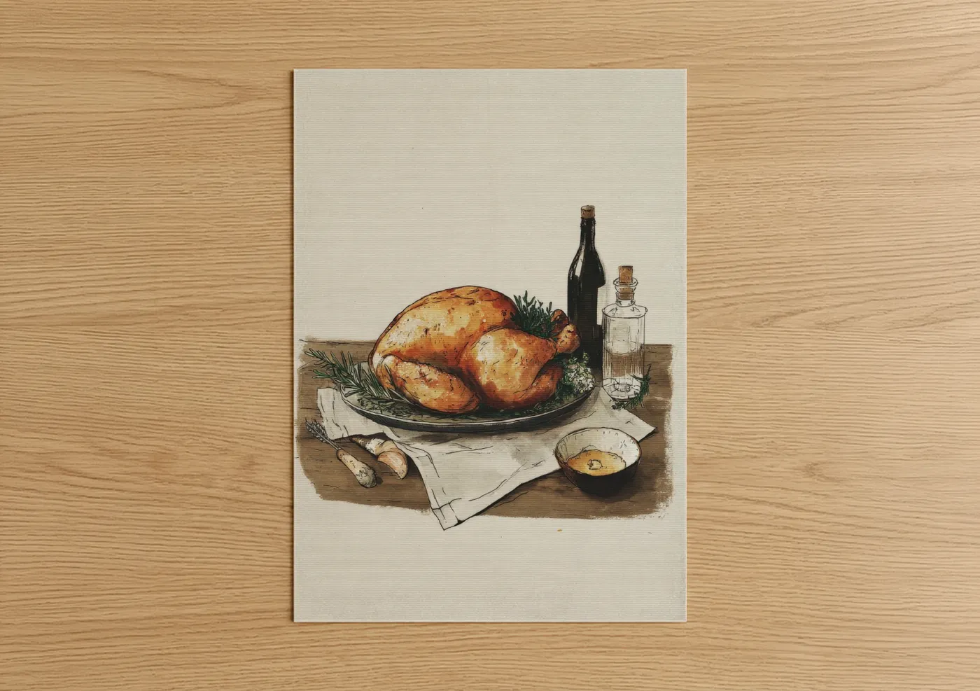 Art print on warm oak wood — brown and cream palette — Roasted Poultry poster