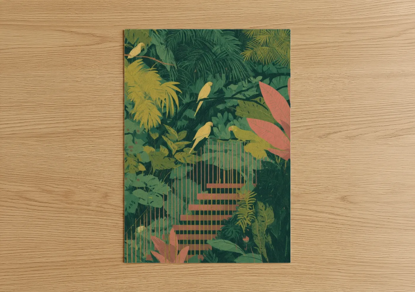 Art print on warm oak wood — dark green and gold palette — Jungle Staircase poster