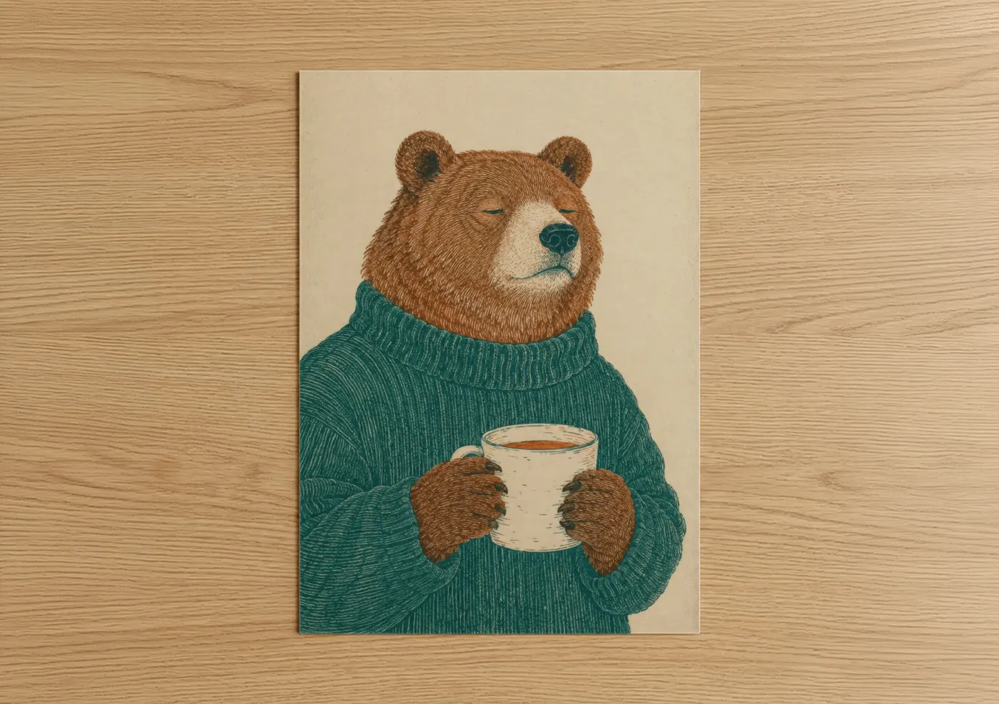 Art print on warm oak wood — teal and beige palette — Bear Holding Coffee Mug Wall Art poster