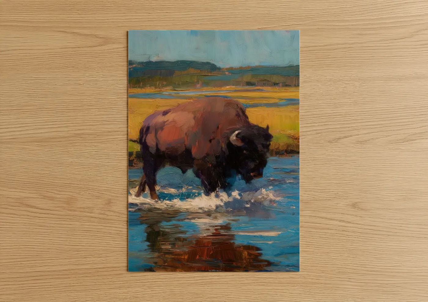 Art print on warm oak wood — gold and blue palette — Wading Bison poster