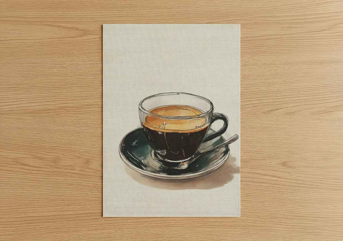 Coffee art print on warm oak wood — black and champagne gold palette — Dark Espresso Cup poster