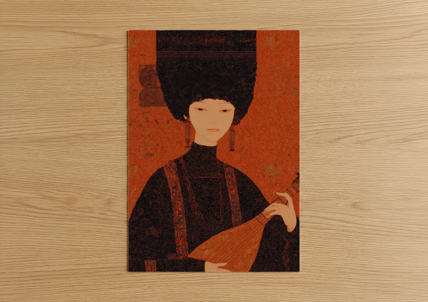 Art print on warm oak wood — russet and black palette — Crimson Musician poster