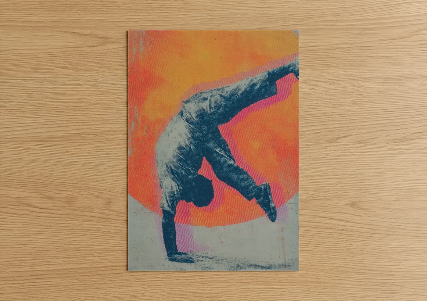 Art print on warm oak wood — orange and magenta palette — Inverted Capoeira poster