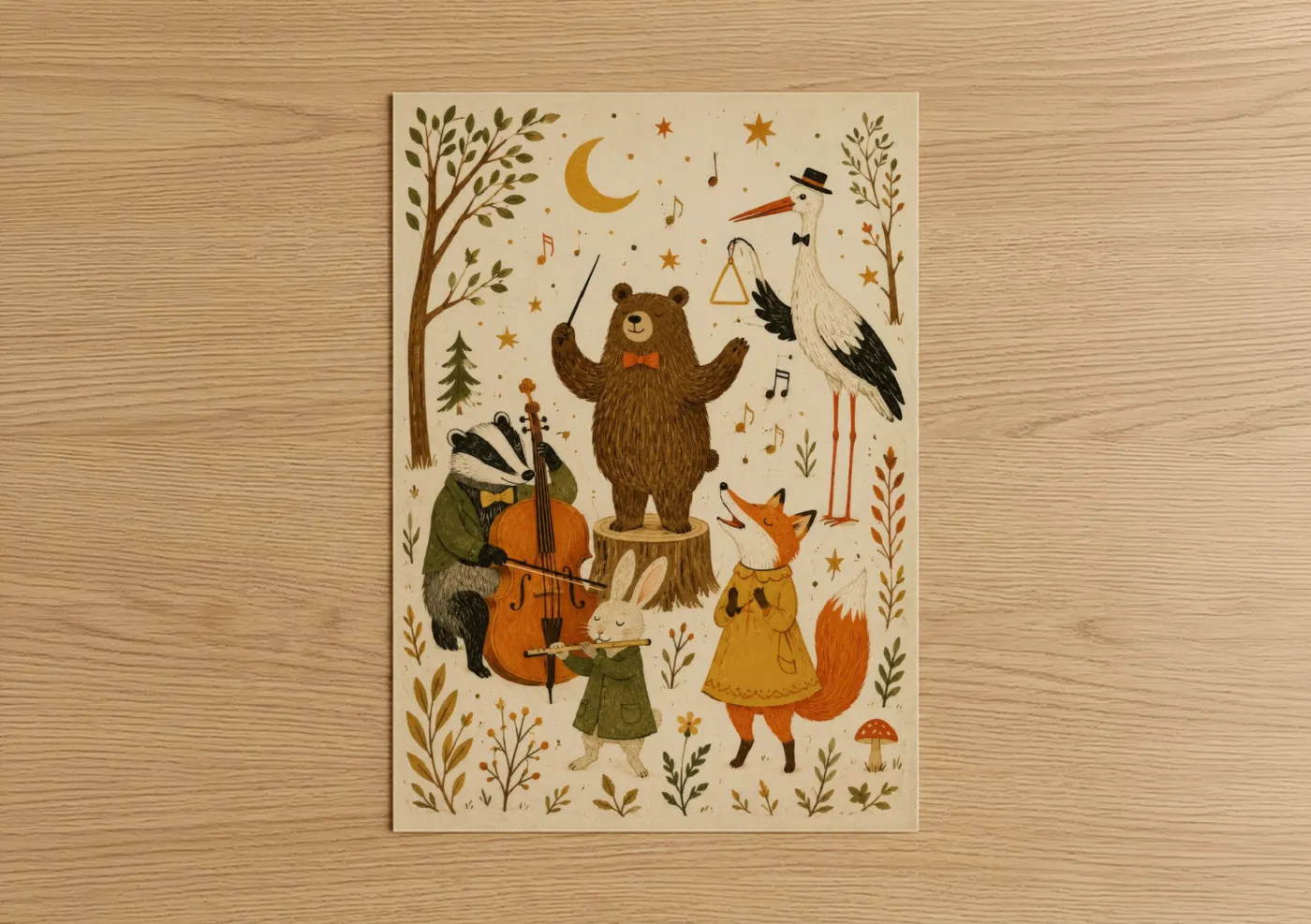 Bear art print on warm oak wood — cream and gold palette — Woodland Animal Orchestra Wall Art poster