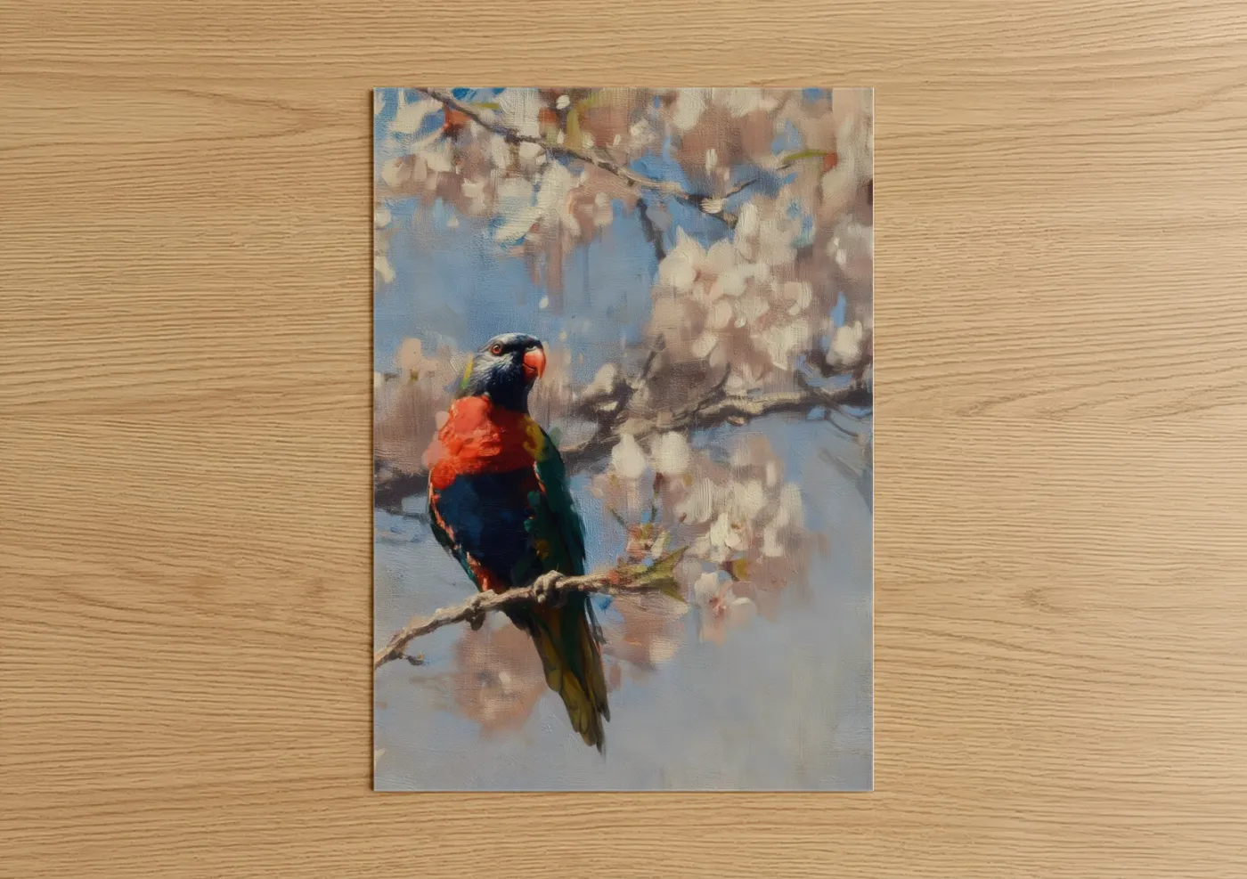 Rainbow lorikeet art print on warm oak wood — blue and cream palette — Blossom Lorikeet poster