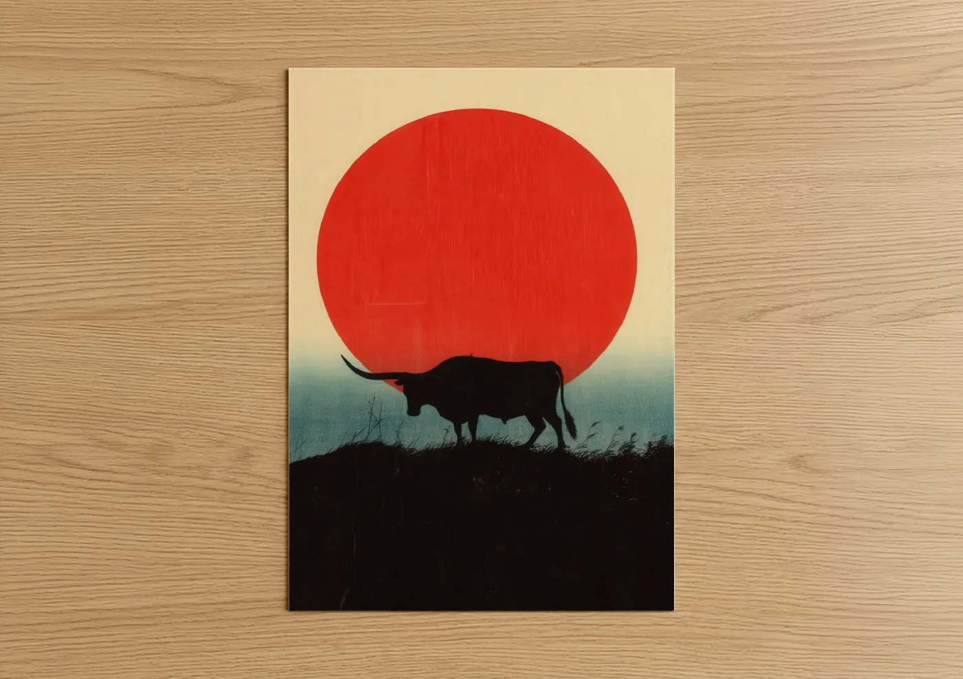Longhorn Cow Silhouette Red Sunset Wall Art