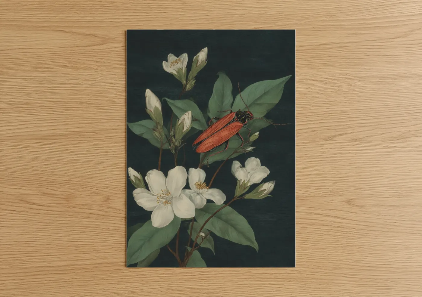 Fireflies art print on warm oak wood — white and dark green palette — Firefly Botanicals poster