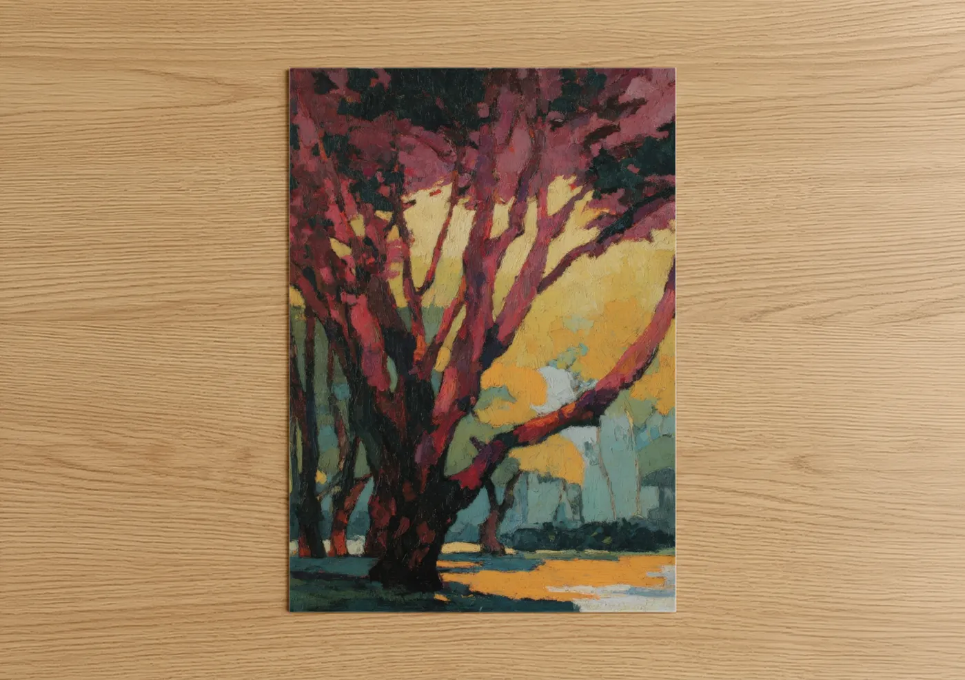 Banyan tree art print on warm oak wood — maroon and yellow gold palette — Crimson Banyan poster