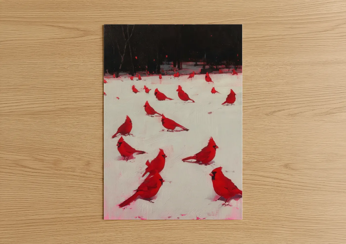 Art print on warm oak wood — red and black and white palette — Snowy Cardinals poster