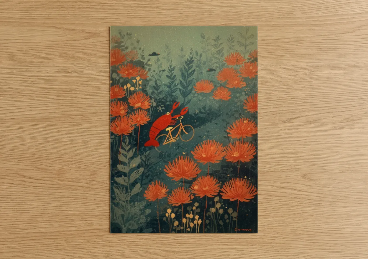 Red Lobster Riding Bicycle Illustration Wall Art