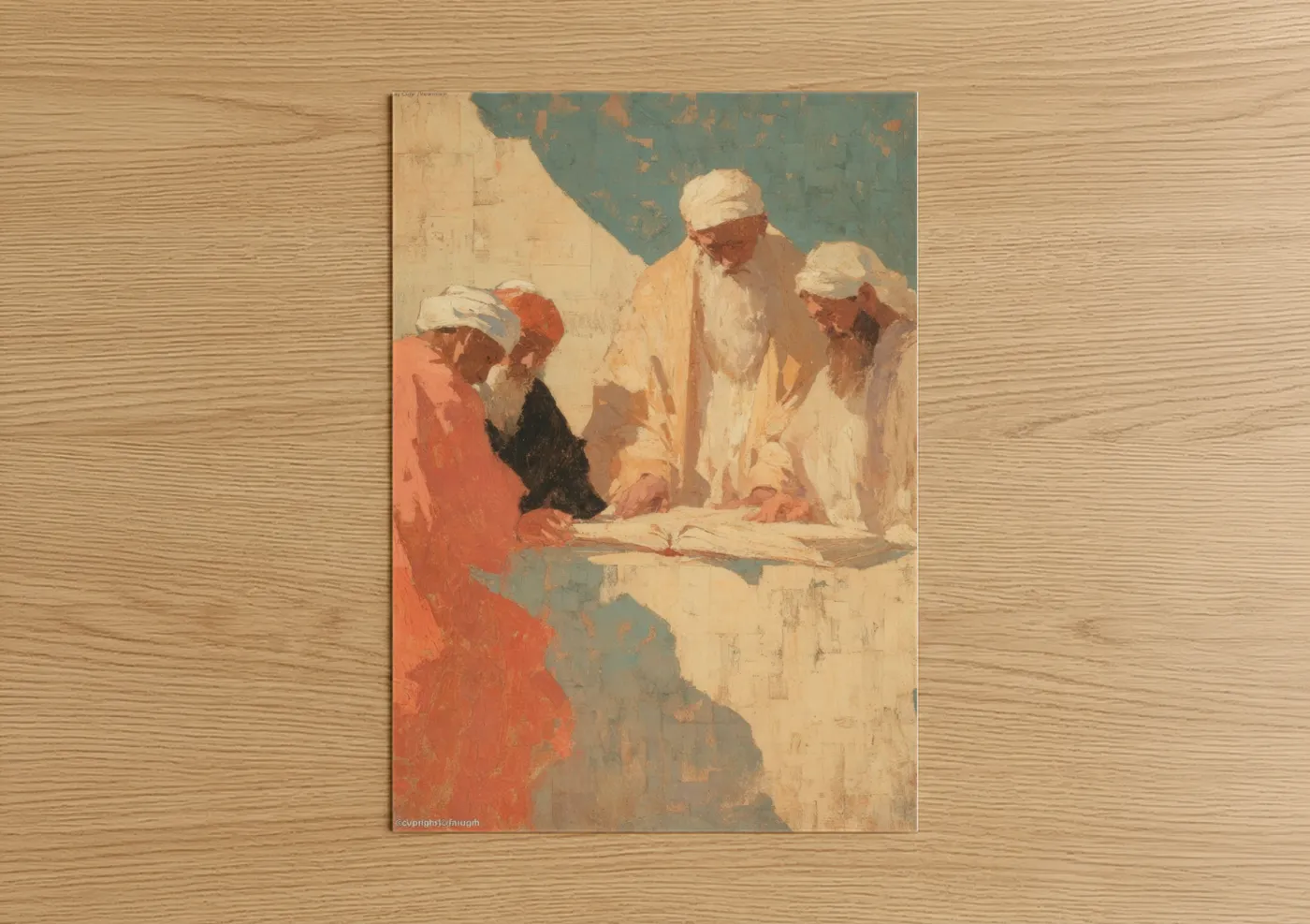 Judaism art print on warm oak wood — gold and cream palette — Torah Study poster