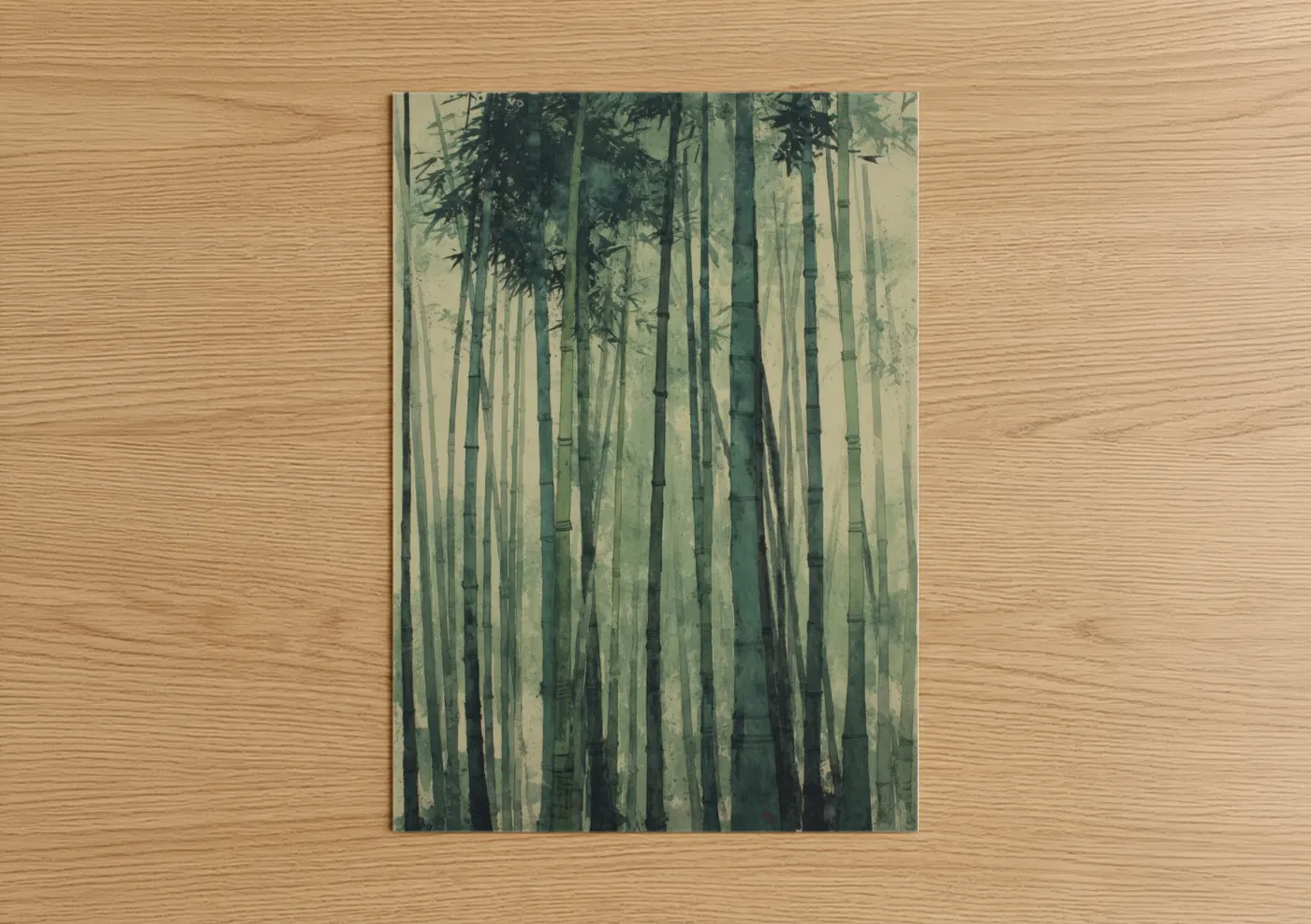 Forest trees art print on warm oak wood — green and cream palette — Misty Bamboo Forest poster