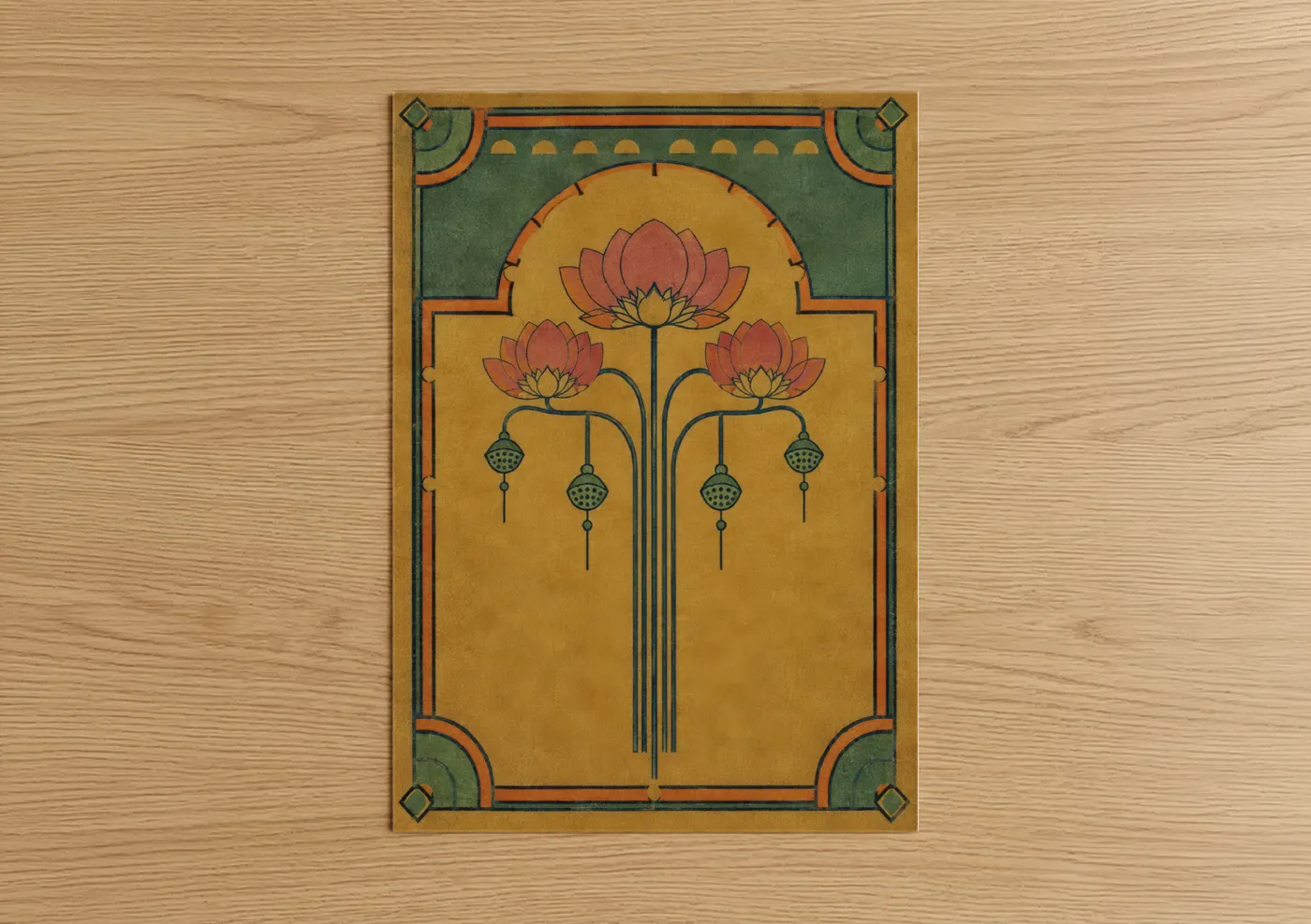 Art print on warm oak wood — gold and olive palette — Art Deco Lotus Flower Wall Art poster