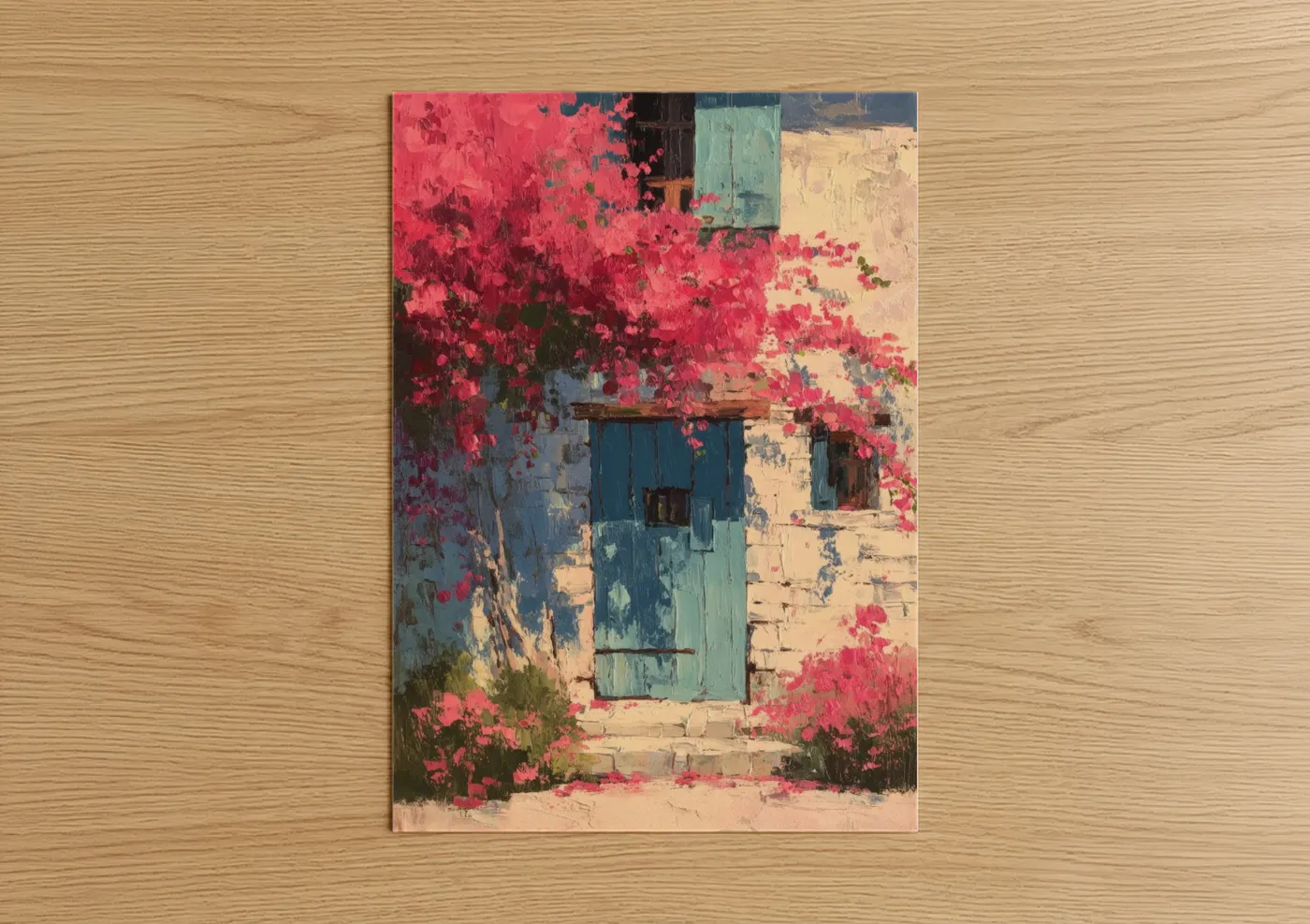 Turquoise Cottage Door Pink Flowers Wall Art