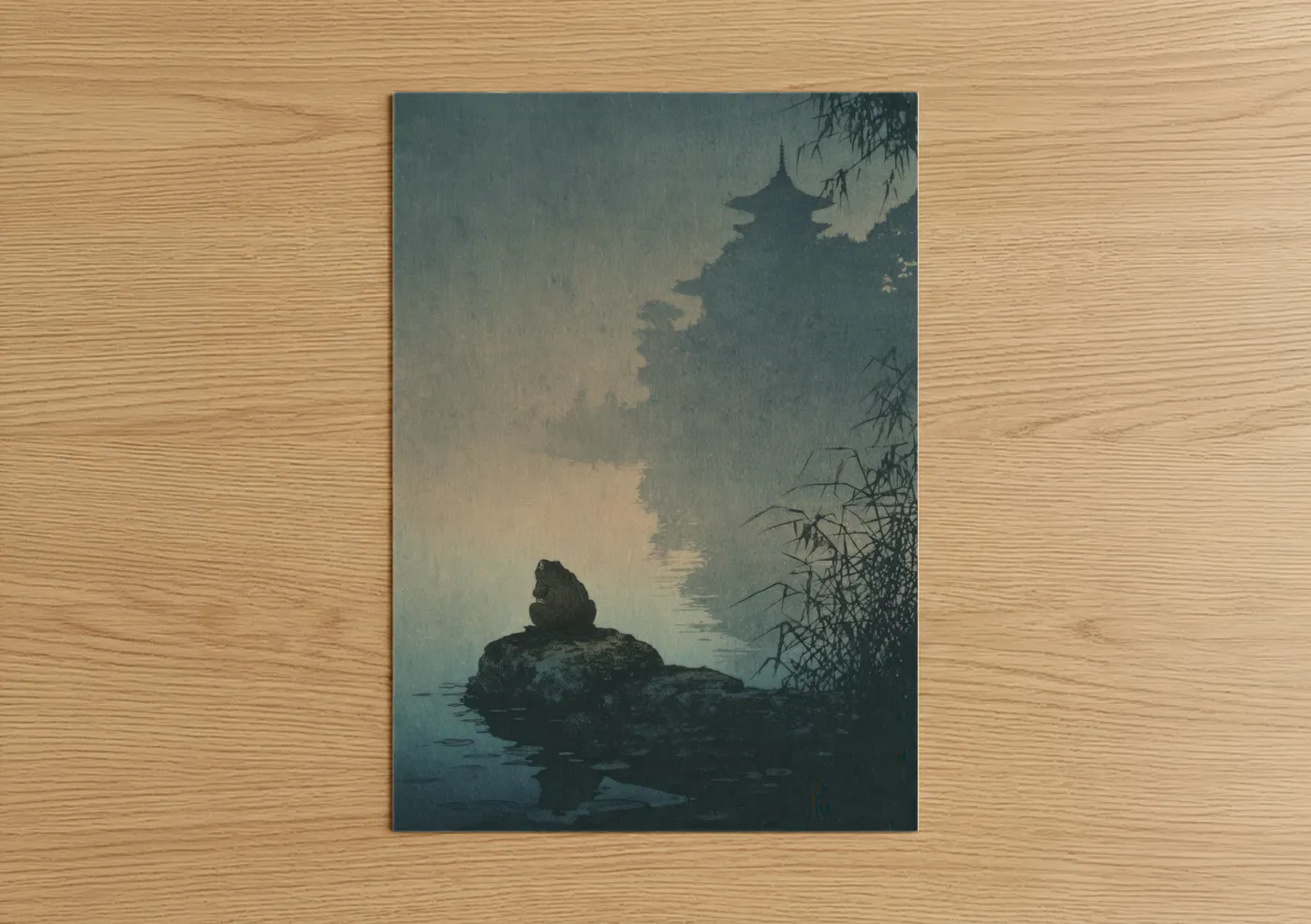 Frogs and toads art print on warm oak wood — sage green and dove gray palette — Misty Frog Meditation poster