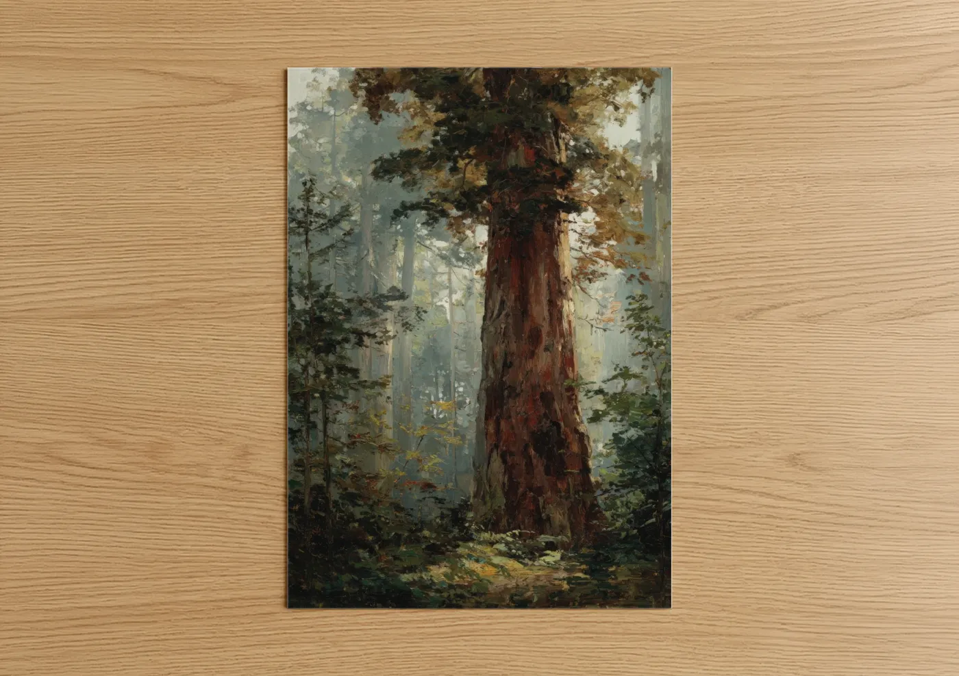 Redwood tree art print on warm oak wood — sage green and russet palette — Misty Redwood poster