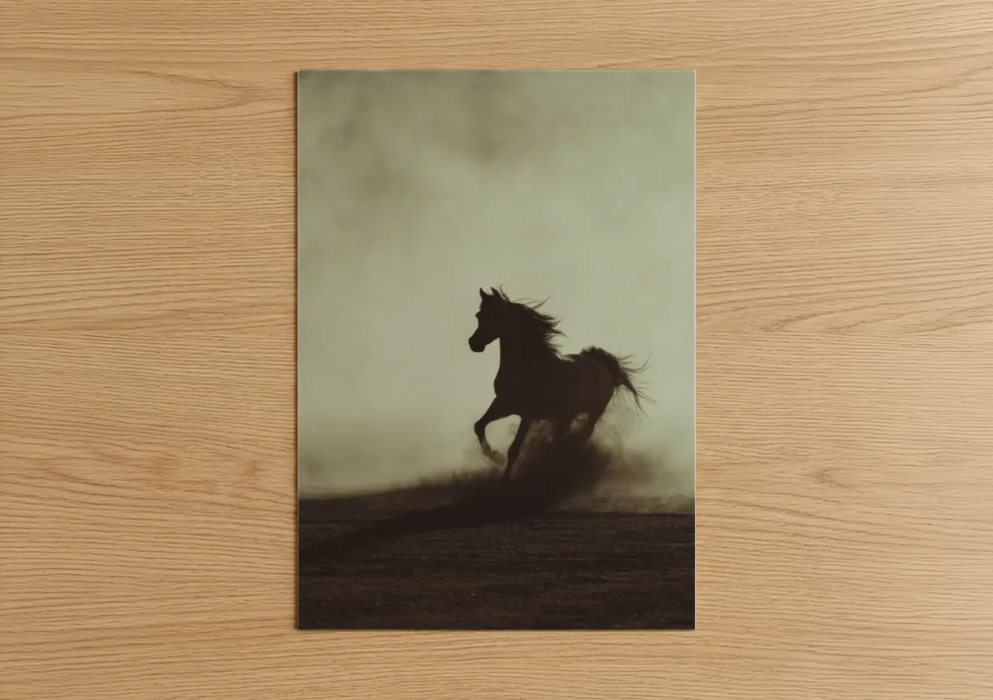 Arabian horse art print on warm oak wood — beige and black palette — Desert Storm Horse poster