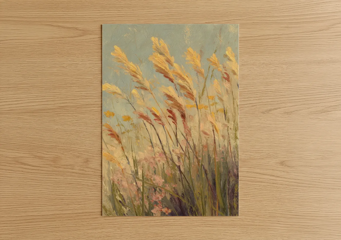 Grass art print on warm oak wood — gold and sage green palette — Golden Grain Field poster