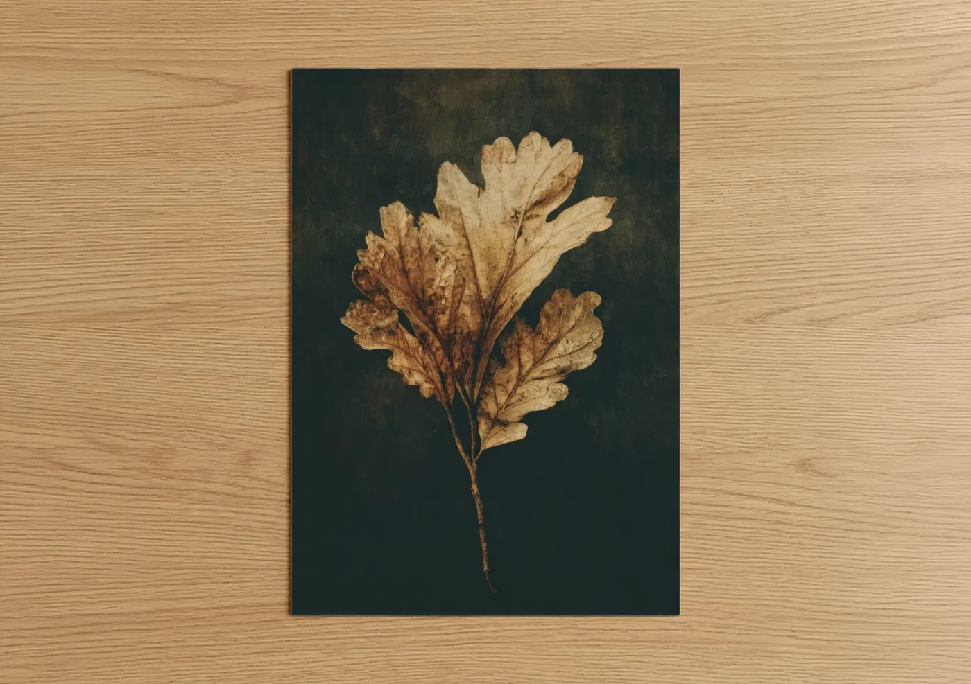 Art print on warm oak wood — gold and dove gray palette — Golden Autumn Leaf poster