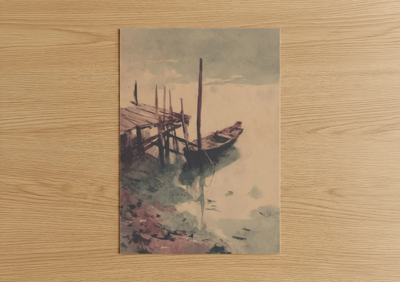 Art print on warm oak wood — beige and sage green palette — Misty Gondola poster