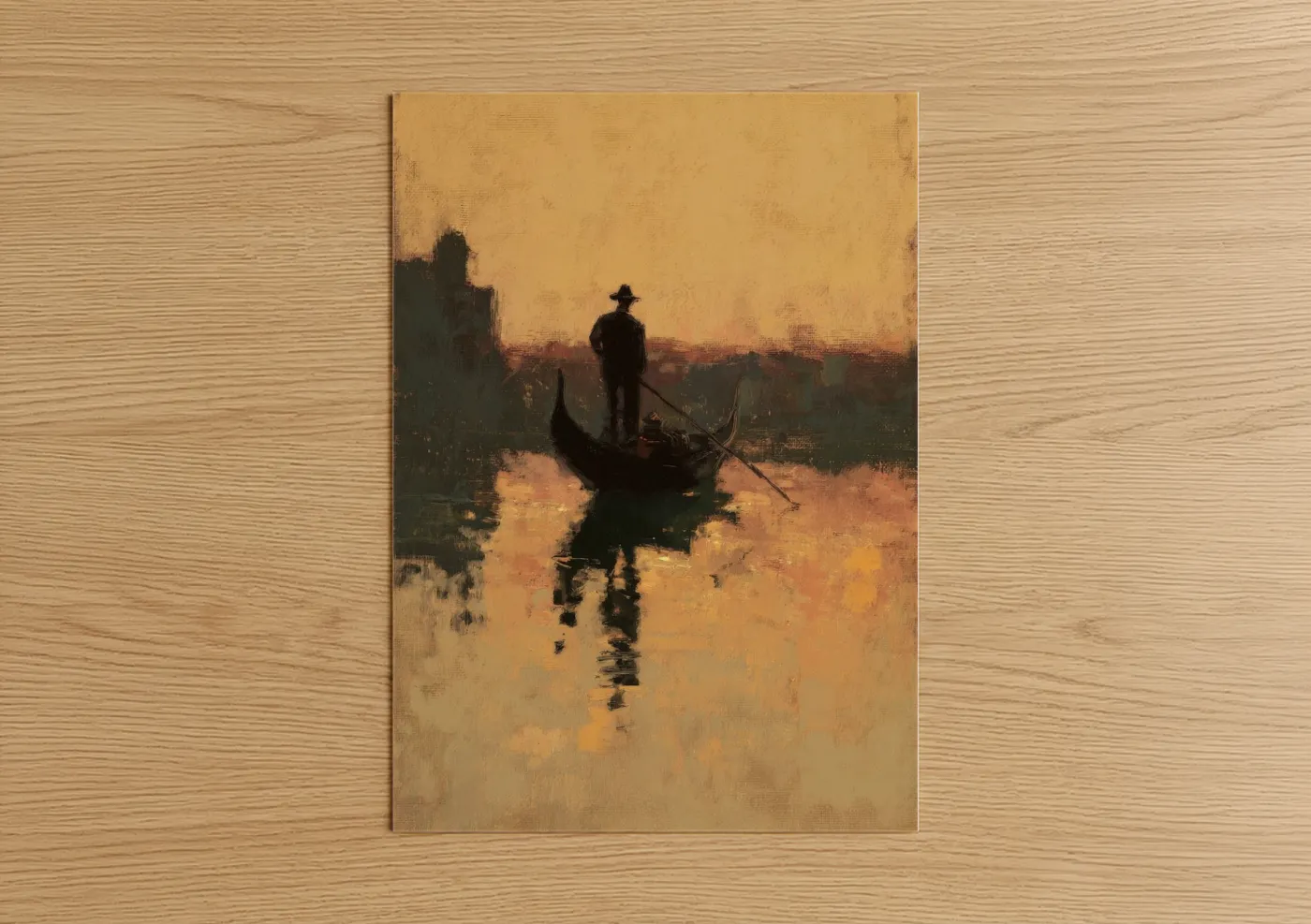 Art print on warm oak wood — gold and black and gold palette — Golden Gondola poster