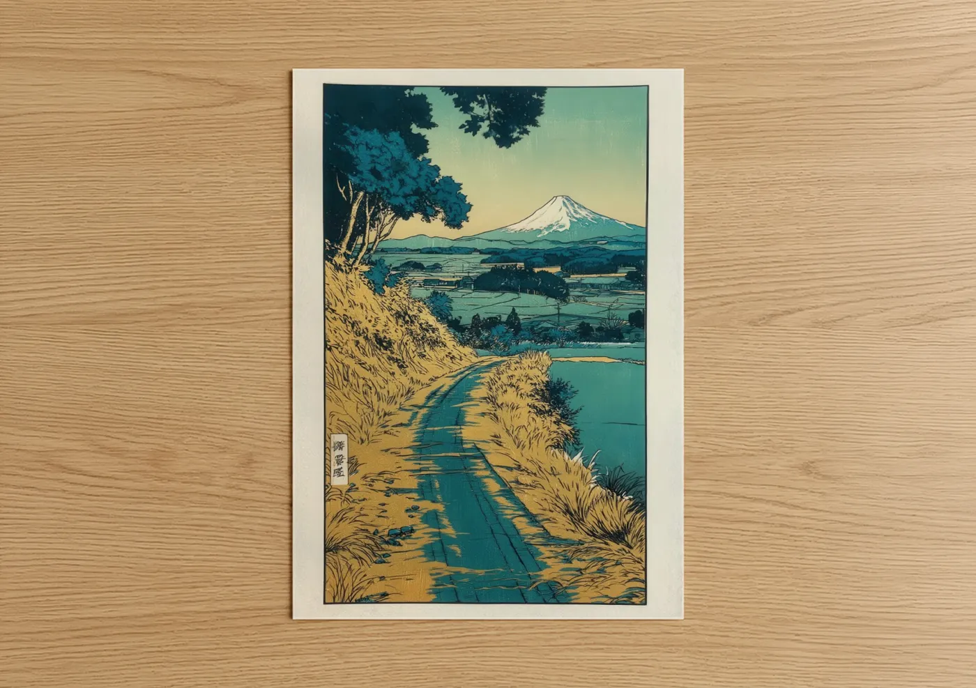 Various landscapes art print on warm oak wood — teal and yellow gold palette — Mount Fuji Vista poster